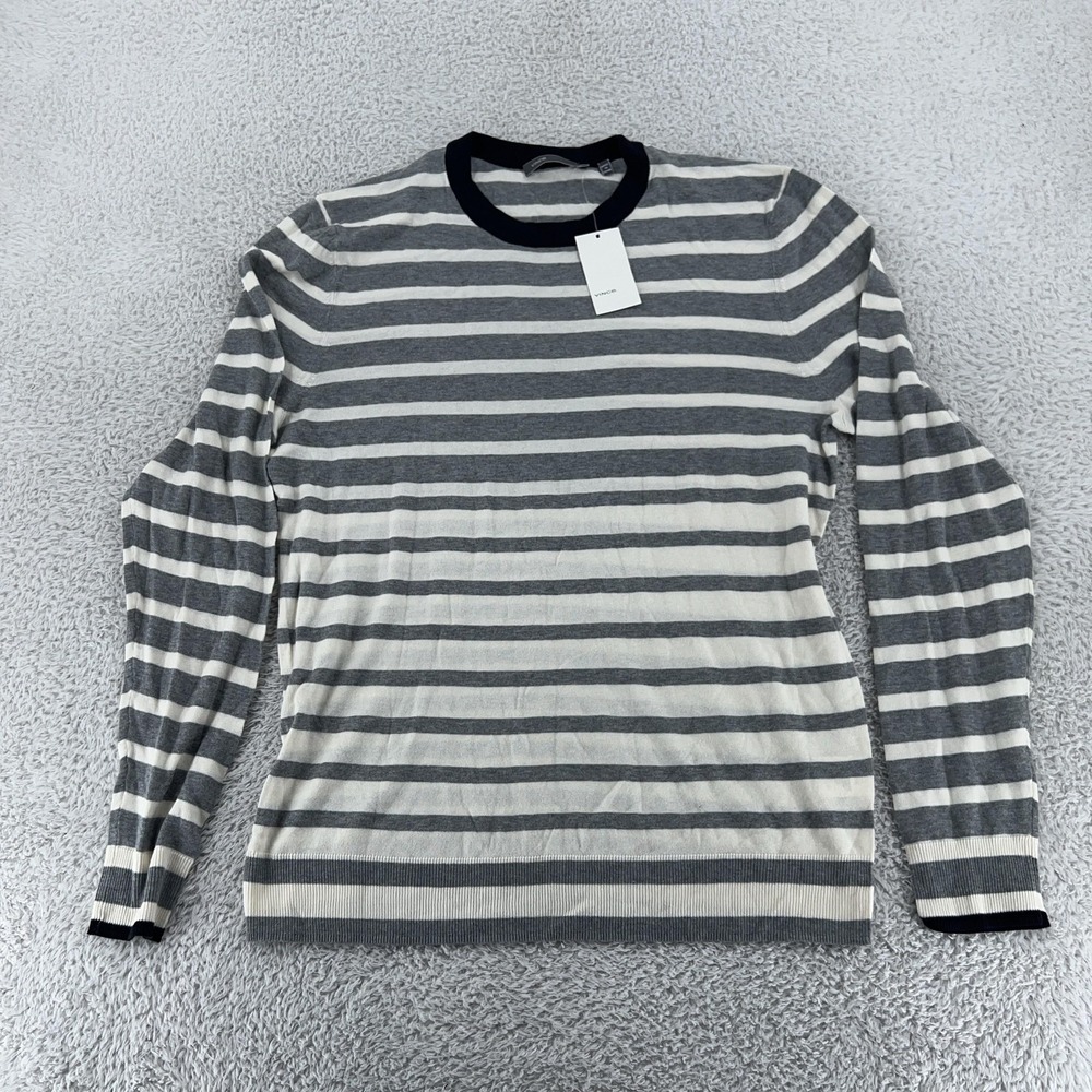 Vince Sweater Mens Large Gray White Striped Crewneck Pullover Lightweight Cotton